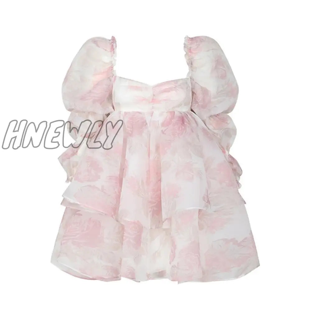 Hnewly High Quality Women Lolita Pink Princess Dresses Sexy Square Neck Long Sleeve Organza Dress