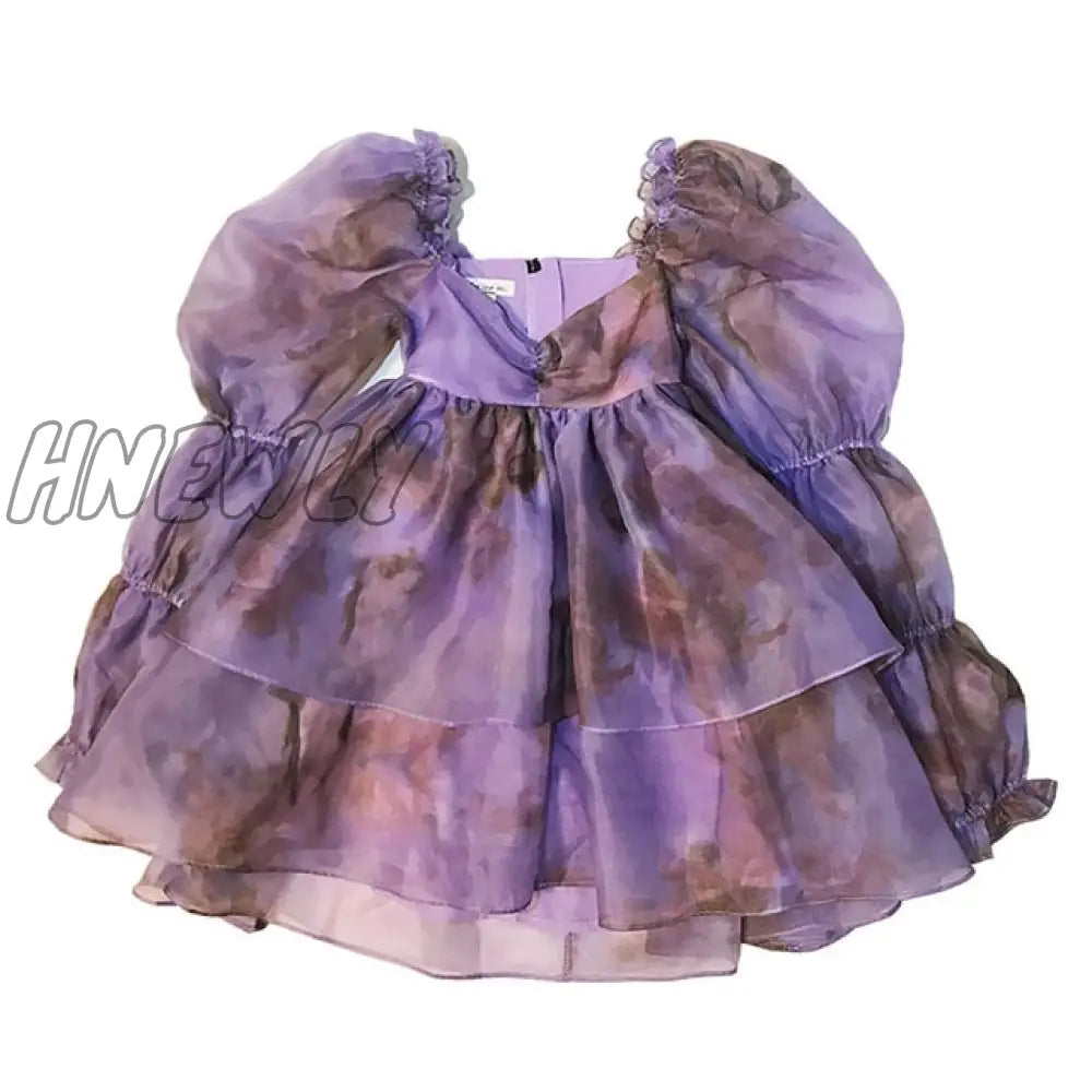 Hnewly High Quality Women Lolita Pink Princess Dresses Sexy Square Neck Long Sleeve Organza Dress