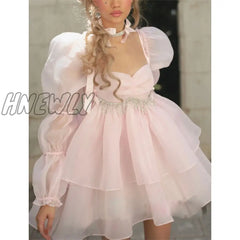 Hnewly High Quality Women Lolita Pink Princess Dresses Sexy Square Neck Long Sleeve Organza Dress