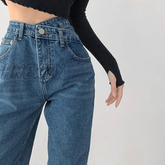 Hnewly High Waist Blue Jeans Harajuku Korean Ulzzang Denim Pants Wild Daily Casual Girl Loose