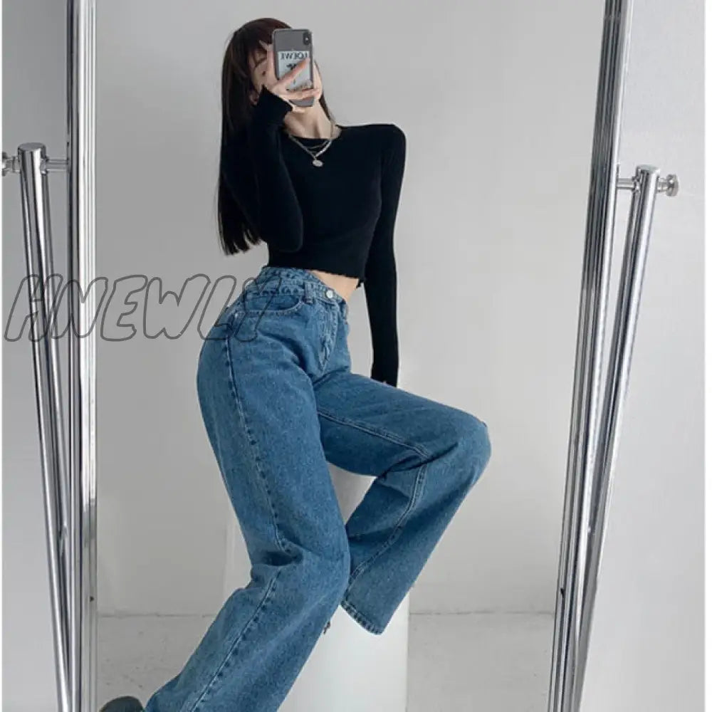 Hnewly High Waist Blue Jeans Harajuku Korean Ulzzang Denim Pants Wild Daily Casual Girl Loose