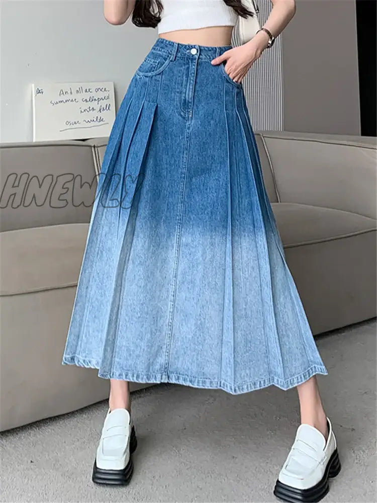 Hnewly High Waist Grandient Pleated Women’s Denim Long Skirts Spring Summer Casual Blue Jeans