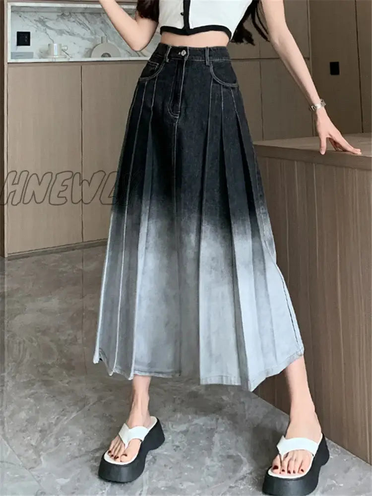 Hnewly High Waist Grandient Pleated Women’s Denim Long Skirts Spring Summer Casual Blue Jeans