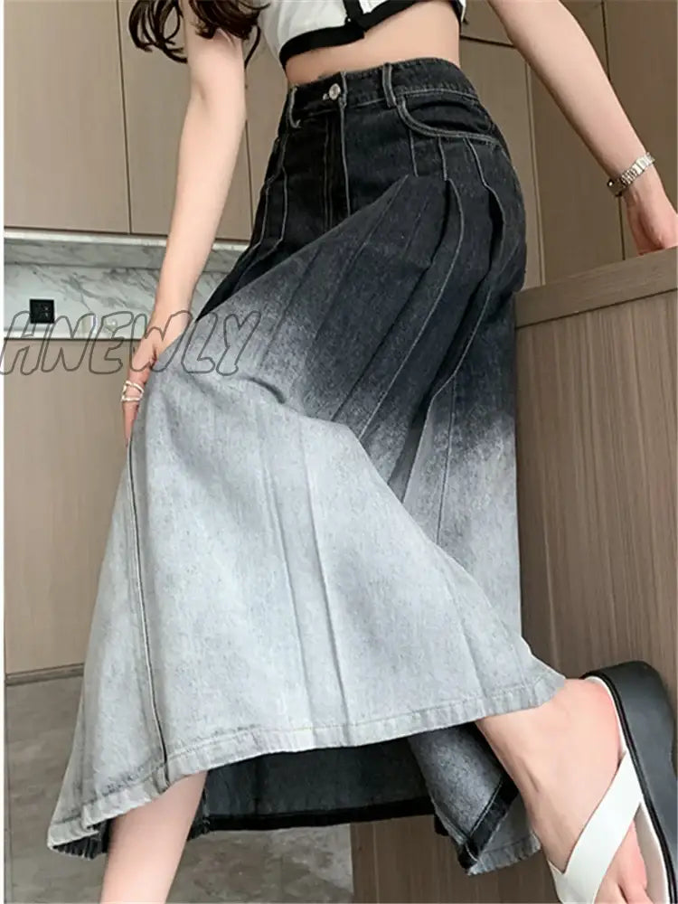 Hnewly High Waist Grandient Pleated Women’s Denim Long Skirts Spring Summer Casual Blue Jeans