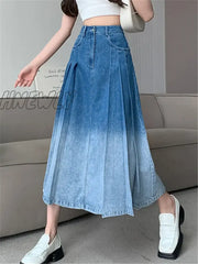 Hnewly High Waist Grandient Pleated Women’s Denim Long Skirts Spring Summer Casual Blue Jeans