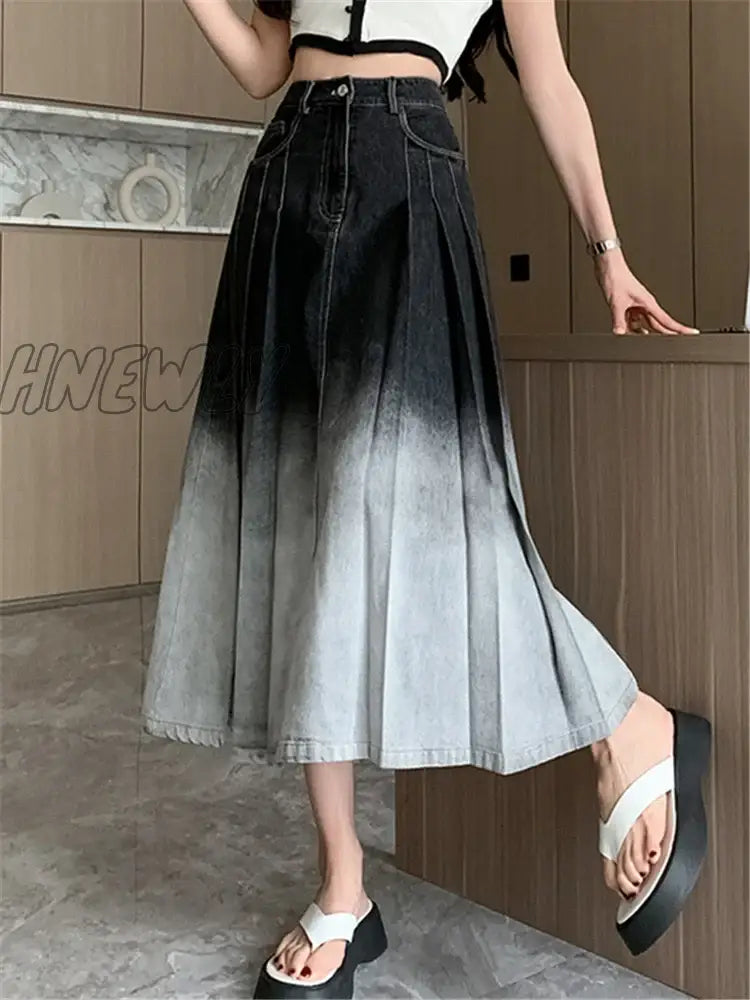 Hnewly High Waist Grandient Pleated Women’s Denim Long Skirts Spring Summer Casual Blue Jeans