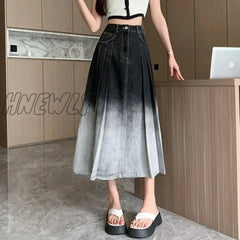 Hnewly High Waist Grandient Pleated Women’s Denim Long Skirts Spring Summer Casual Blue Jeans