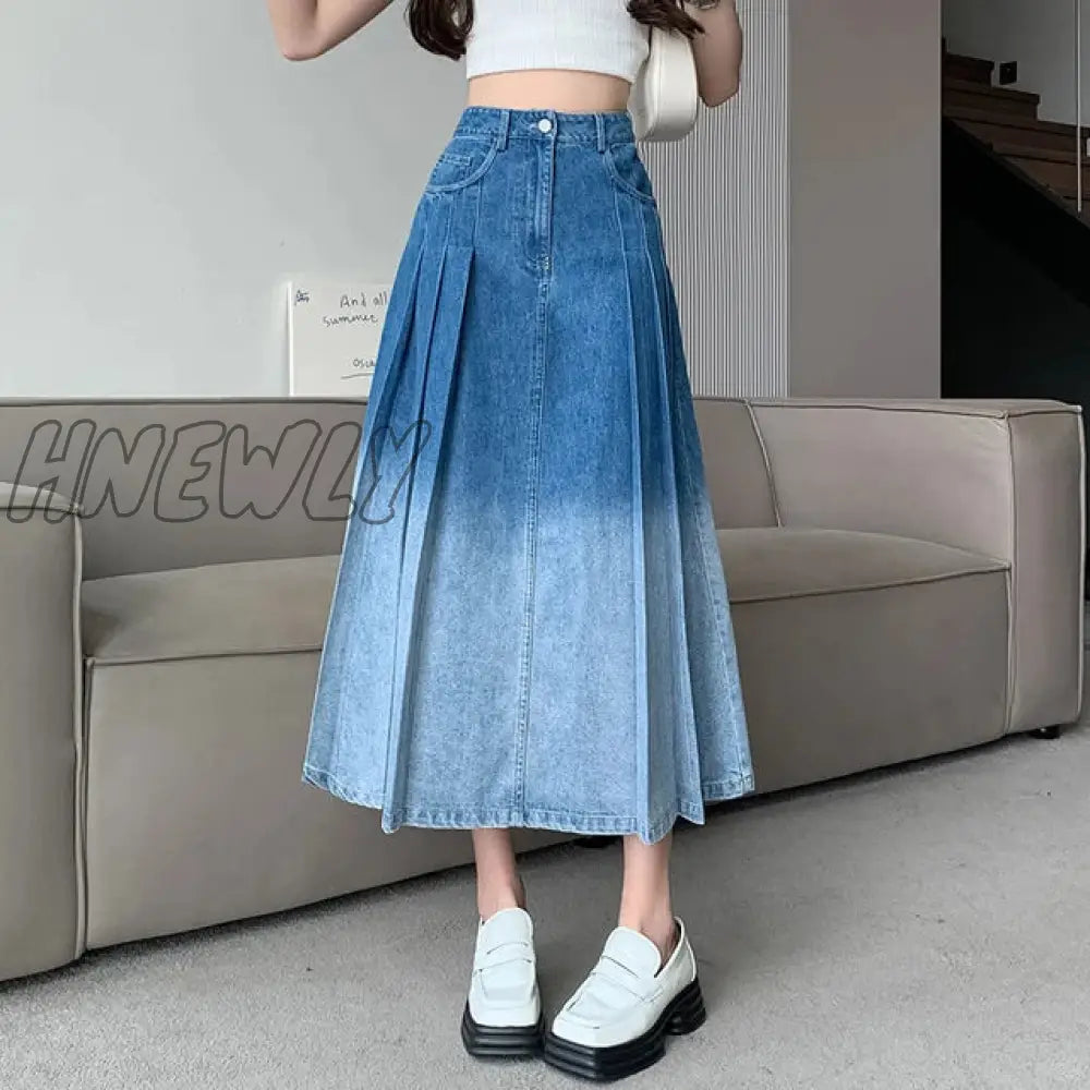 Hnewly High Waist Grandient Pleated Women’s Denim Long Skirts Spring Summer Casual Blue Jeans