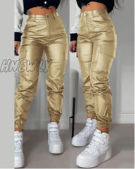 Hnewly High Waist Sexy Pu Leather Pants Women Fashion Y2K Streetwear Vintage Slim Casual Button