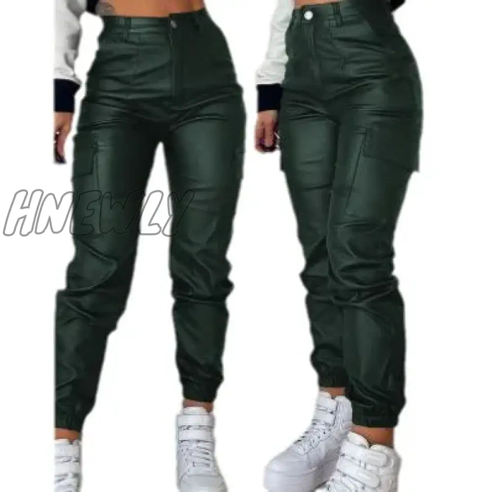 Hnewly High Waist Sexy Pu Leather Pants Women Fashion Y2K Streetwear Vintage Slim Casual Button