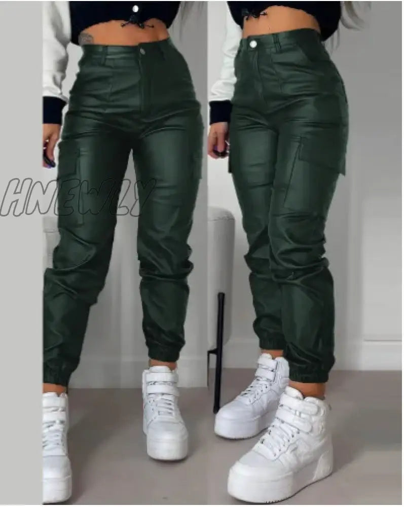 Hnewly High Waist Sexy Pu Leather Pants Women Fashion Y2K Streetwear Vintage Slim Casual Button