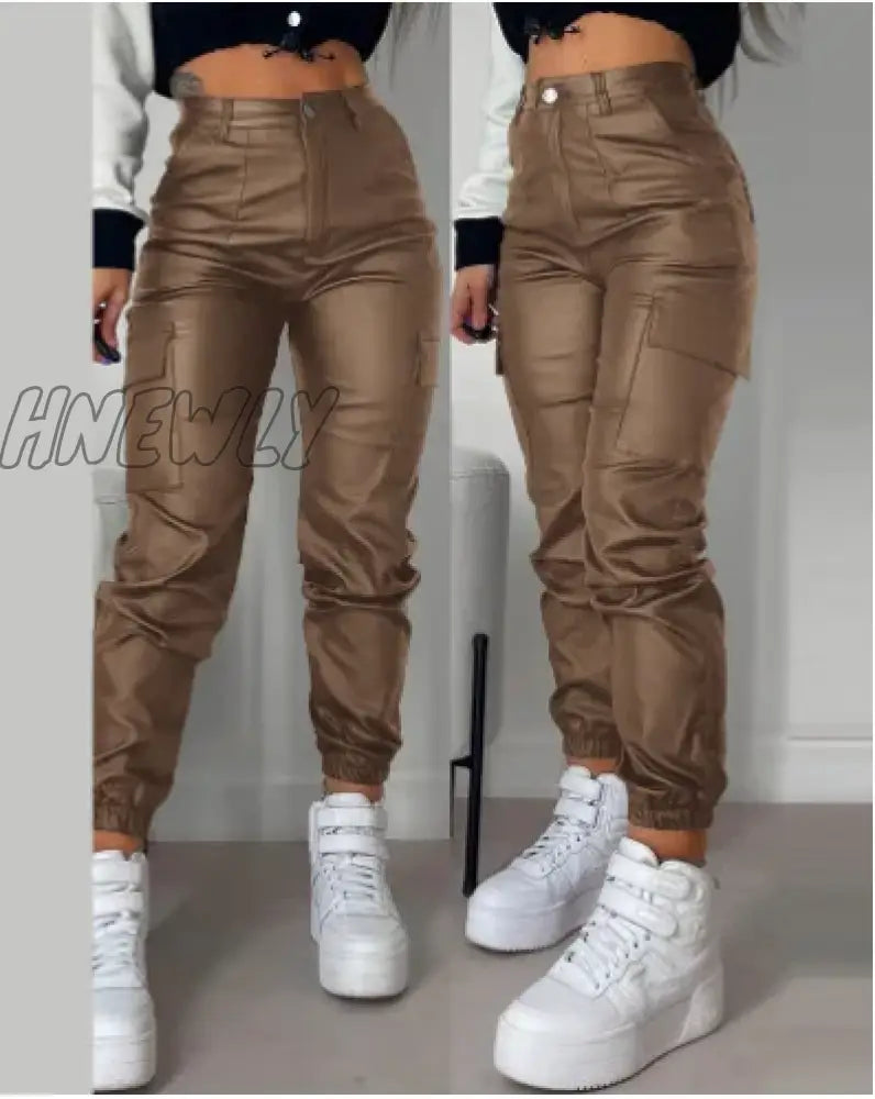 Hnewly High Waist Sexy Pu Leather Pants Women Fashion Y2K Streetwear Vintage Slim Casual Button