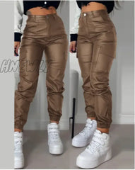 Hnewly High Waist Sexy Pu Leather Pants Women Fashion Y2K Streetwear Vintage Slim Casual Button