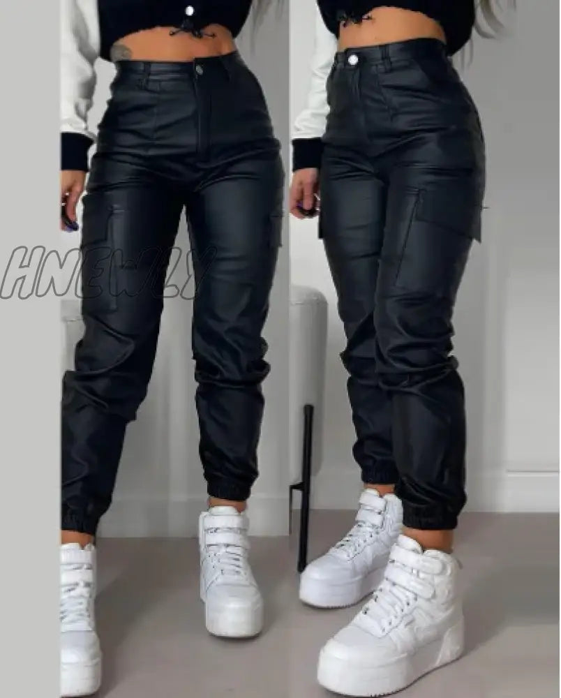 Hnewly High Waist Sexy Pu Leather Pants Women Fashion Y2K Streetwear Vintage Slim Casual Button