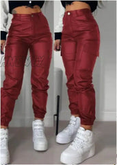 Sexy PU Leather Pants Women Fashion Y2K Streetwear Vintage Slim Casual Pants Button Patch Pocket Trousers Streetwear