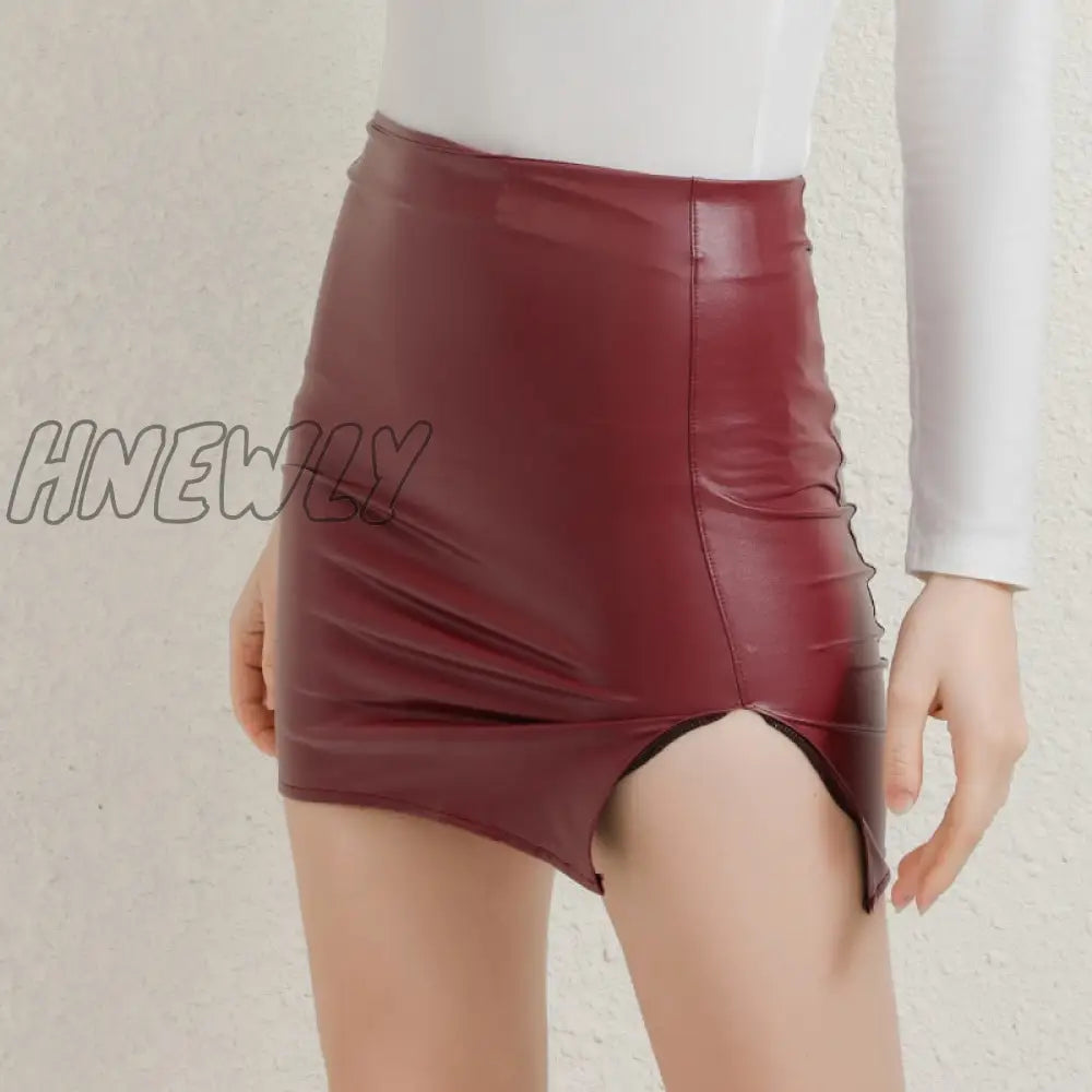 Hnewly High Waist Split Pu Leather Women’s Mini Skirt Bodycon A-Line Black Sexy Female Short New