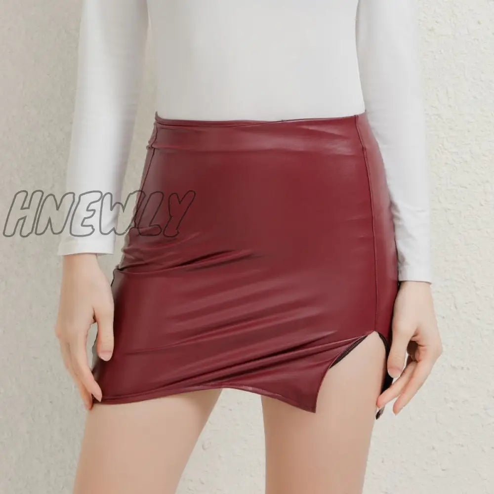 Hnewly High Waist Split Pu Leather Women’s Mini Skirt Bodycon A-Line Black Sexy Female Short New