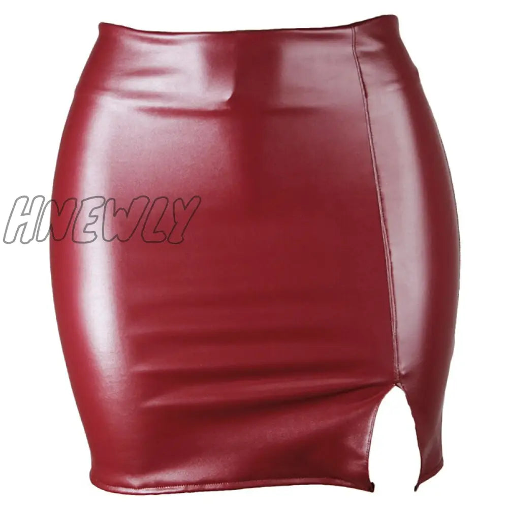 Hnewly High Waist Split Pu Leather Women’s Mini Skirt Bodycon A-Line Black Sexy Female Short New