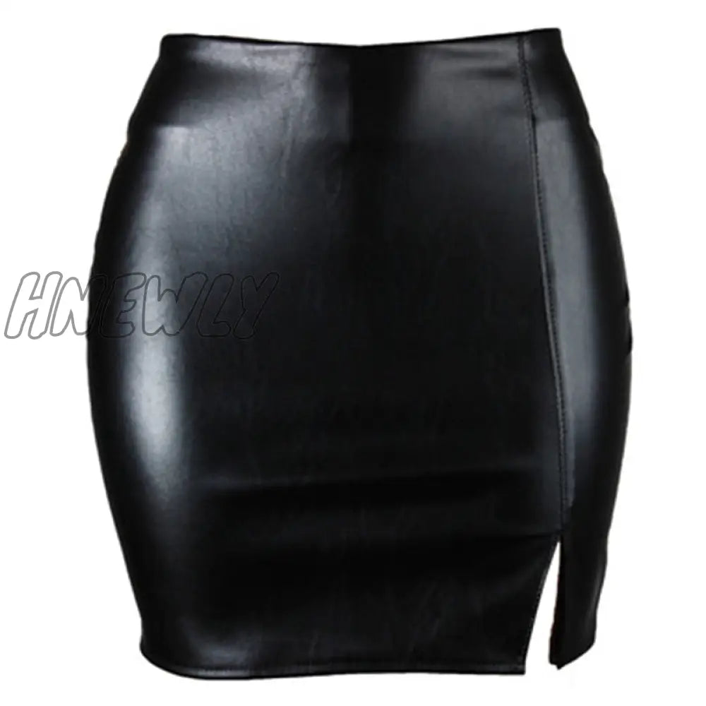 Hnewly High Waist Split Pu Leather Women’s Mini Skirt Bodycon A-Line Black Sexy Female Short New