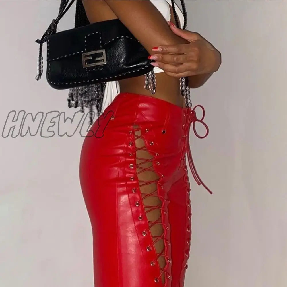 Hnewly Hollow Out Bandage Hipster Straight Trousers Women New Faux Pu Leather Solid Fashion Street