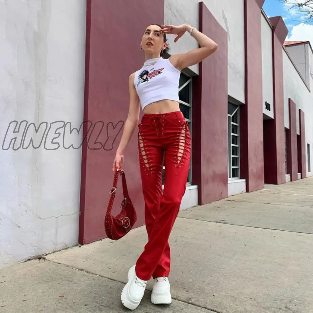 Hnewly Hollow Out Bandage Hipster Straight Trousers Women New Faux Pu Leather Solid Fashion Street