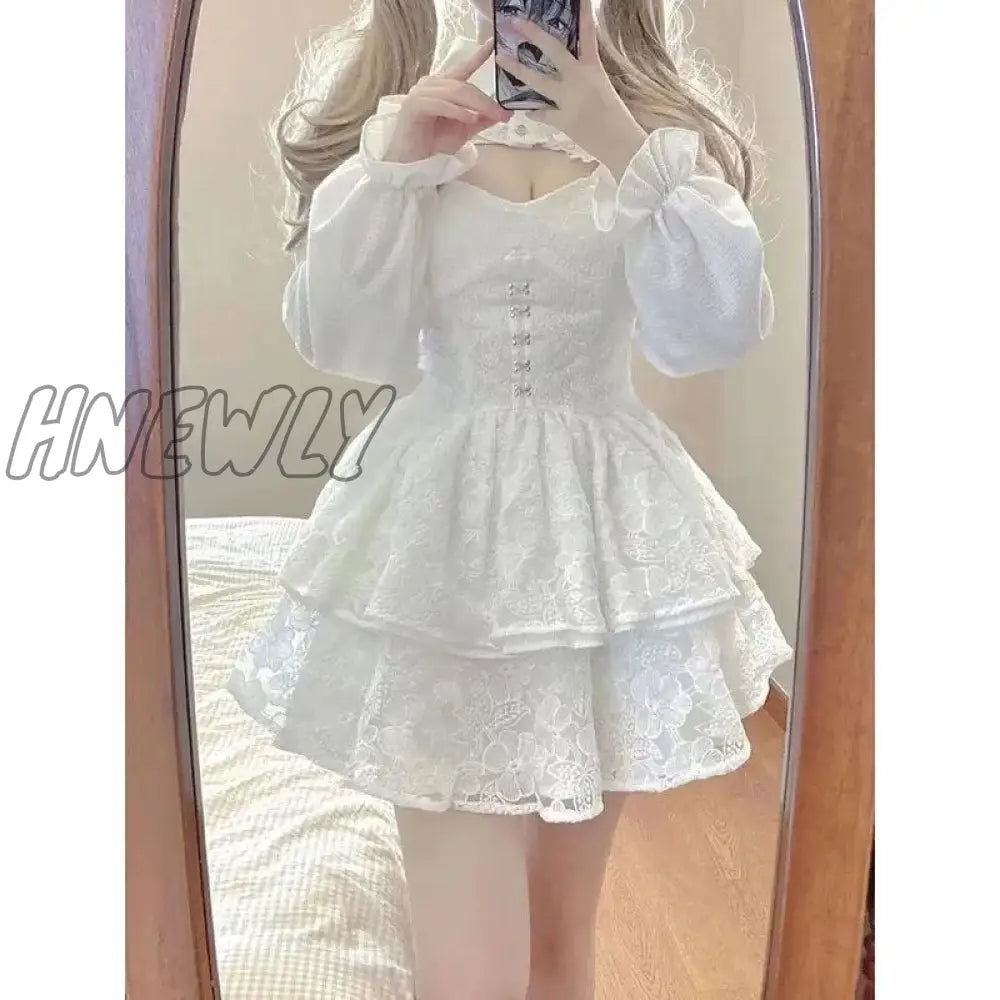 Hnewly Hot Girl Lace White Kawaii Lolita Dress Woman Cascading Ruffl Long Sleeve Fairy Straps