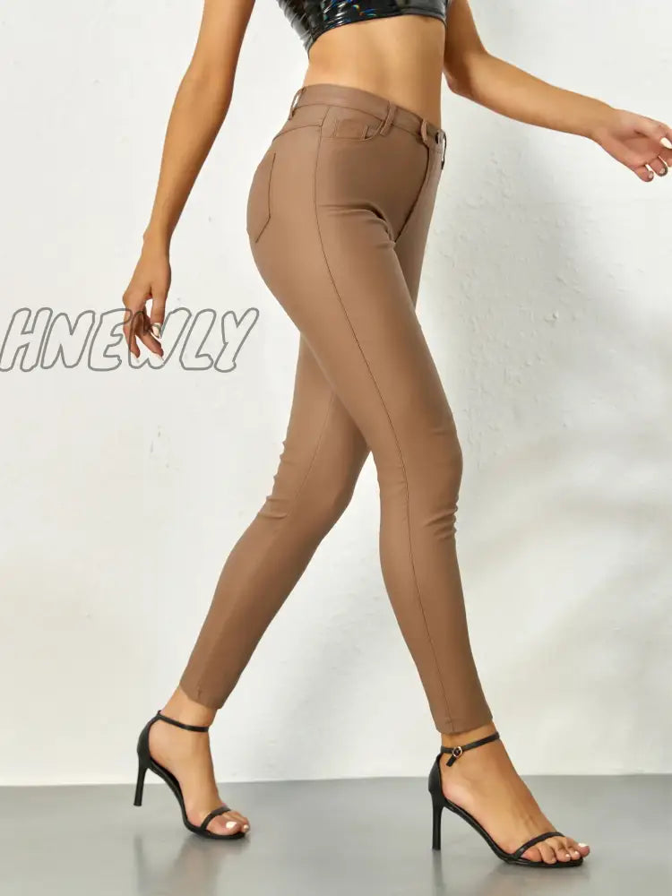 Hnewly Hot Sexy Fashion Womens Stretch High Waist Pencil Pants Skinny Pu Leather Long Solid Slim