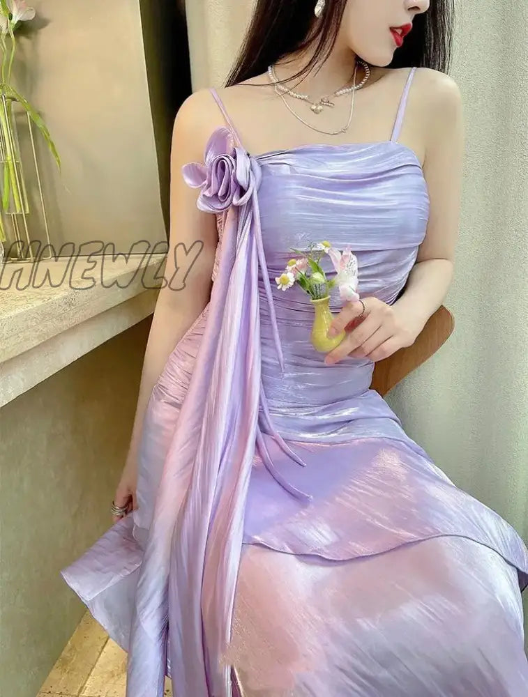 Hnewly Iena Elegant Mauve Prom Party Gowns Retro Waist Strap Three-Dimensional Flowers Irregular