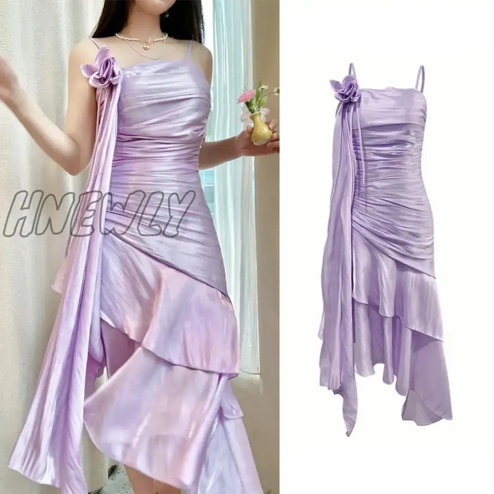 Hnewly Iena Elegant Mauve Prom Party Gowns Retro Waist Strap Three-Dimensional Flowers Irregular