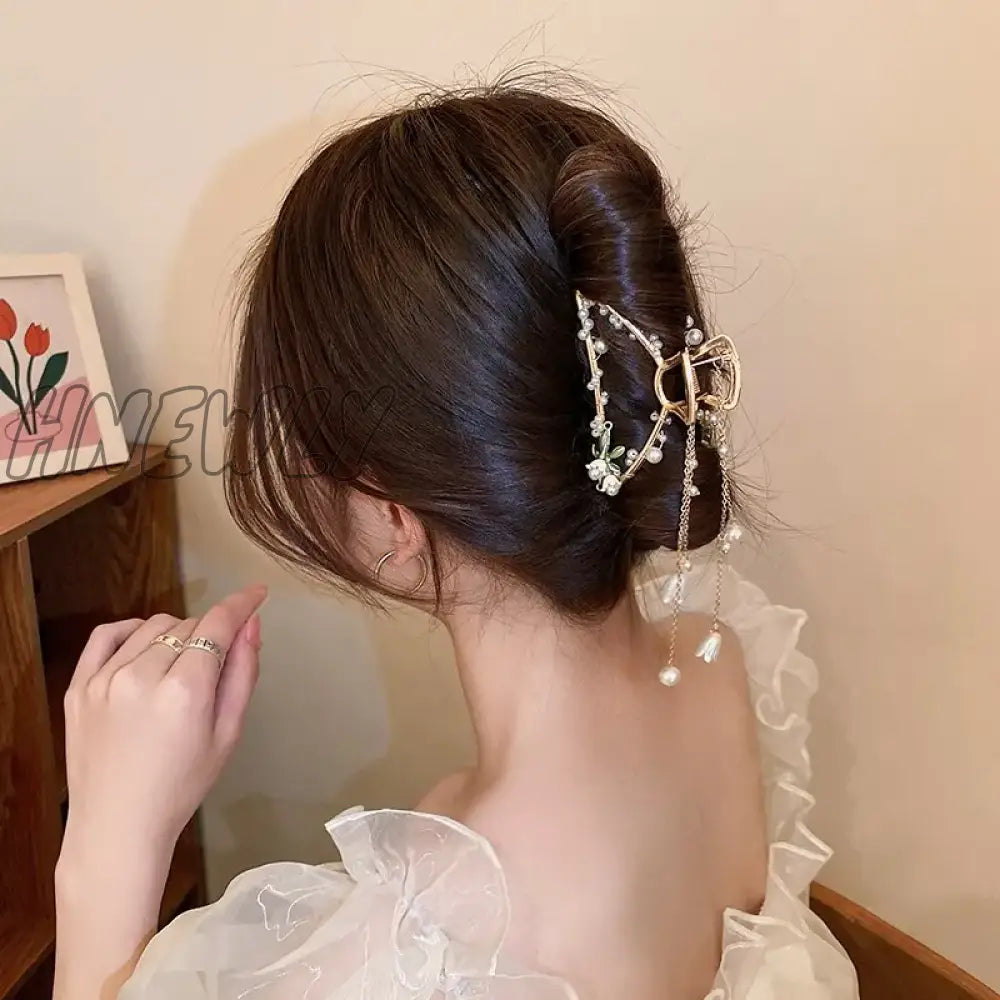 Hnewly Imitation Pearl Flower Decor Charm Hair Claws For Women Girls Large Size Bell Orchid Clamps