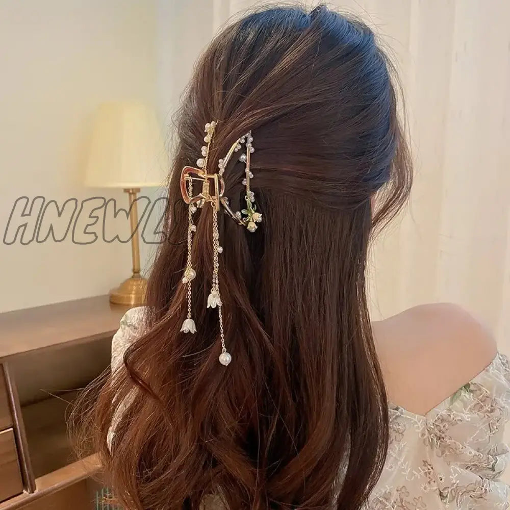 Hnewly Imitation Pearl Flower Decor Charm Hair Claws For Women Girls Large Size Bell Orchid Clamps