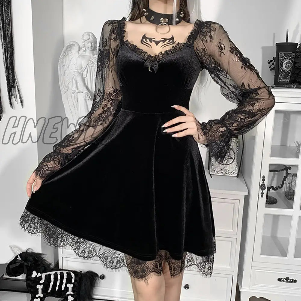 Hnewly Insdoit Goth Flare Sleeve Black Dress Women Aesthetic Velvet Vintage Lace Autumn Off