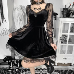 Hnewly Insdoit Goth Flare Sleeve Black Dress Women Aesthetic Velvet Vintage Lace Autumn Off