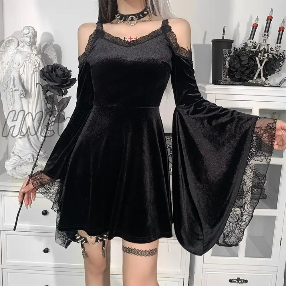 Hnewly Insdoit Goth Flare Sleeve Black Dress Women Aesthetic Velvet Vintage Lace Autumn Off