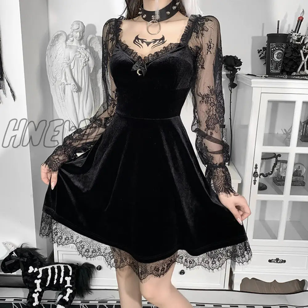 Hnewly Insdoit Goth Flare Sleeve Black Dress Women Aesthetic Velvet Vintage Lace Autumn Off