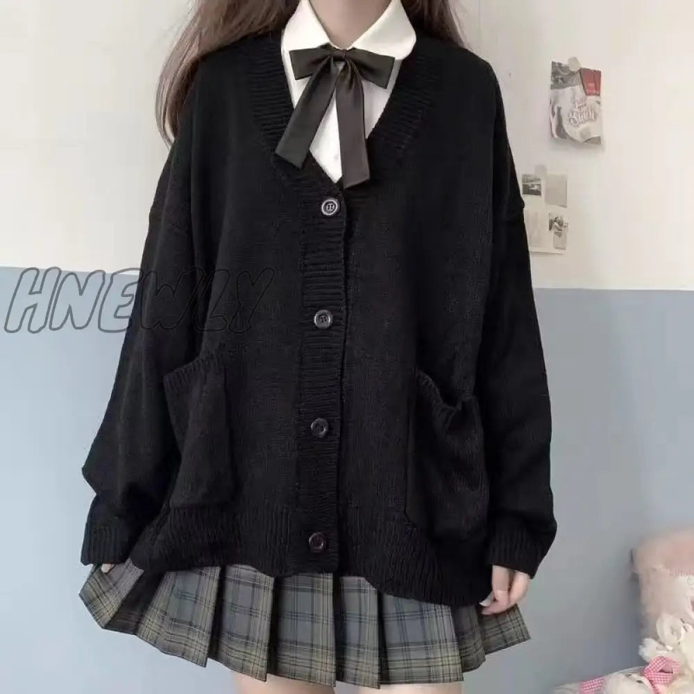 Hnewly Japanese School Basic Sweaters Women Autumn Kawaii Solid V-Neck Loose Knitted Cardigan