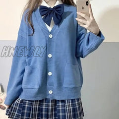 Hnewly Japanese School Basic Sweaters Women Autumn Kawaii Solid V-Neck Loose Knitted Cardigan