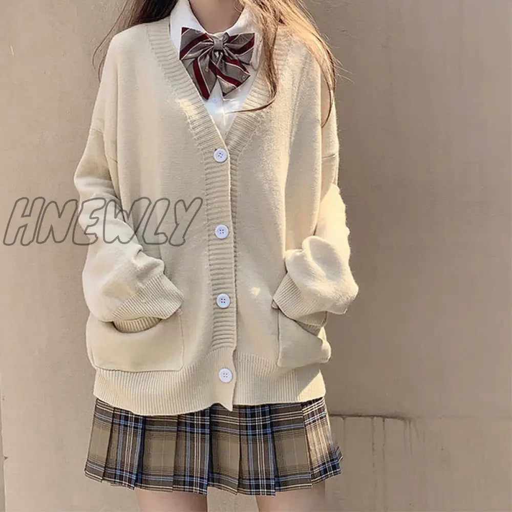 Hnewly Japanese School Basic Sweaters Women Autumn Kawaii Solid V-Neck Loose Knitted Cardigan