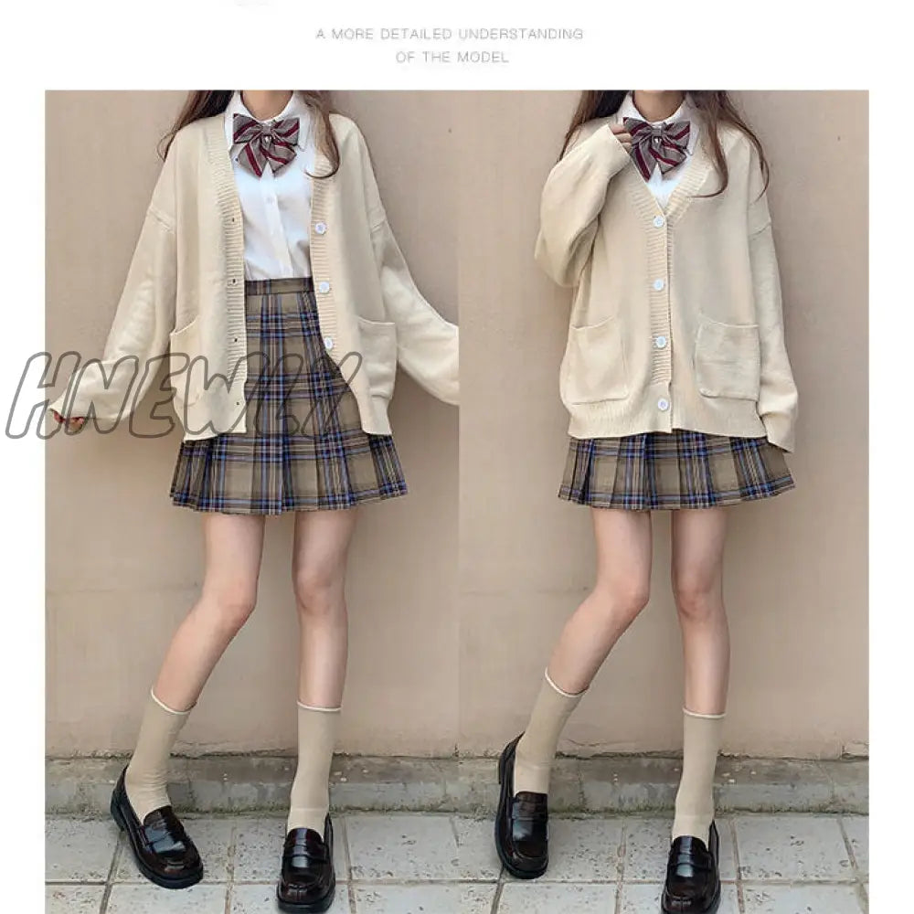 Hnewly Japanese School Basic Sweaters Women Autumn Kawaii Solid V-Neck Loose Knitted Cardigan