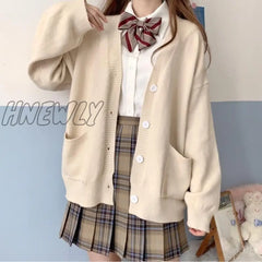 Hnewly Japanese School Basic Sweaters Women Autumn Kawaii Solid V-Neck Loose Knitted Cardigan