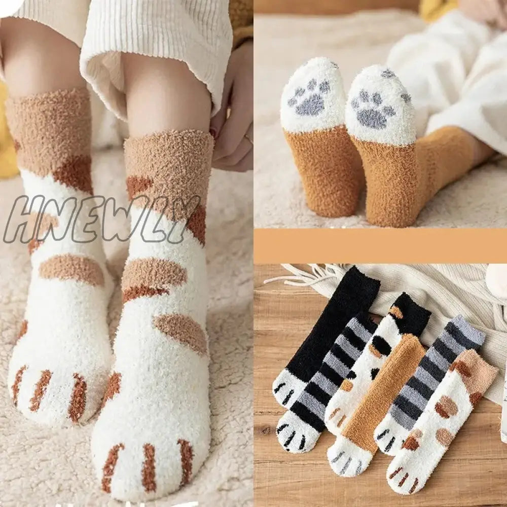 Hnewly Kawaii Cartoon White Socks For Women Cute 3D Dog Cat Paw Pattern Female Fleece Warm Funny