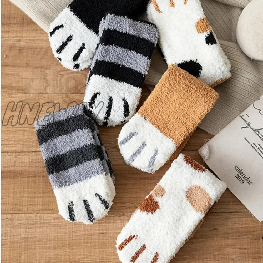 Hnewly Kawaii Cartoon White Socks For Women Cute 3D Dog Cat Paw Pattern Female Fleece Warm Funny