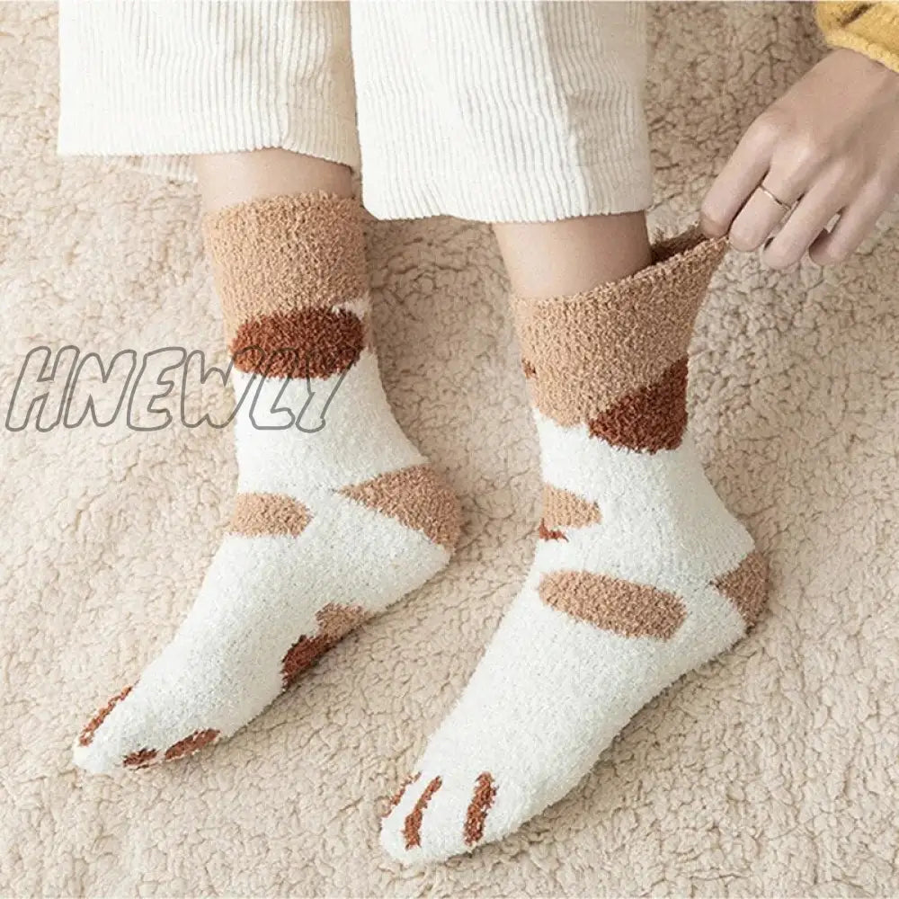 Hnewly Kawaii Cartoon White Socks For Women Cute 3D Dog Cat Paw Pattern Female Fleece Warm Funny