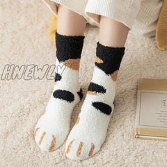 Hnewly Kawaii Cartoon White Socks For Women Cute 3D Dog Cat Paw Pattern Female Fleece Warm Funny