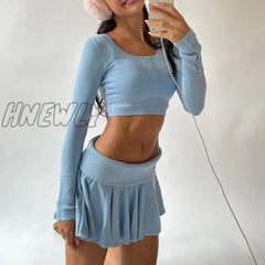 Hnewly Knitted 2 Piece Set Outfits Spring Autumn Chic Women Button Long Sleeve Crop Top T-Shirt +