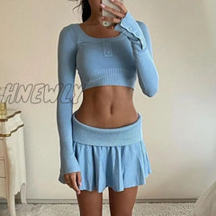 Hnewly Knitted 2 Piece Set Outfits Spring Autumn Chic Women Button Long Sleeve Crop Top T-Shirt +