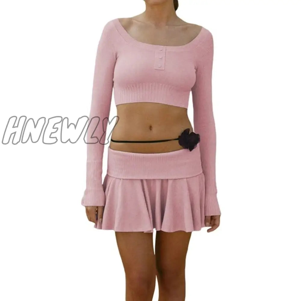 Hnewly Knitted 2 Piece Set Outfits Spring Autumn Chic Women Button Long Sleeve Crop Top T-Shirt +