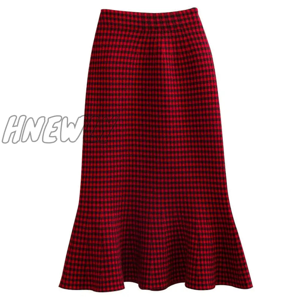 Hnewly Knitted Autumn And Winter Women’s High Waist Plaid A- Line Ruffles Woman Skirts Faldas Jupe