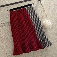 Hnewly Knitted Autumn And Winter Women’s High Waist Plaid A- Line Ruffles Woman Skirts Faldas Jupe