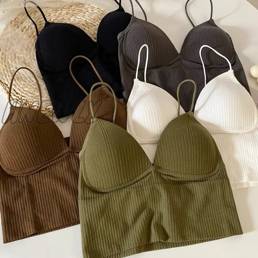 Hnewly Knitted Binder Chest Woman Tank Tops Spaghetti Strap Corset Crop Camis With Built In Bras